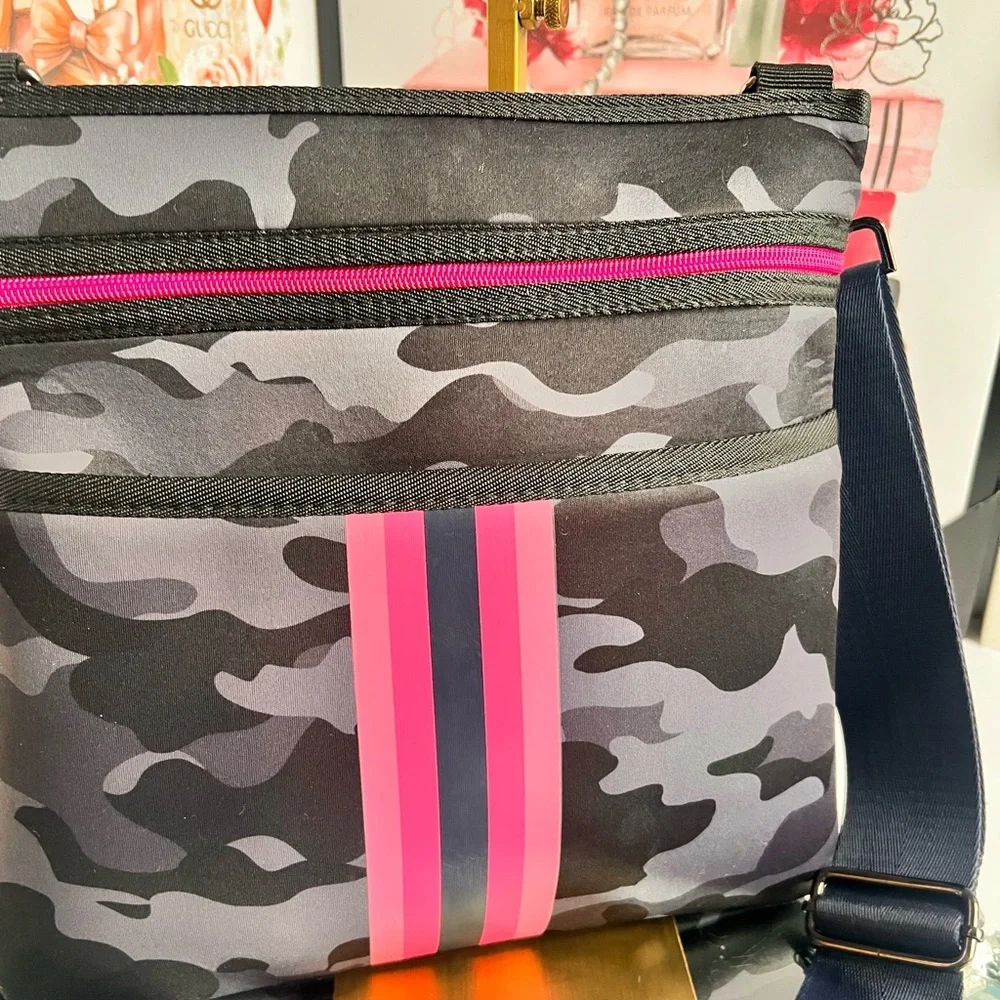 HAUTE SHORE neoprene Camouflage with Pink and Black l Accents crossbody bag